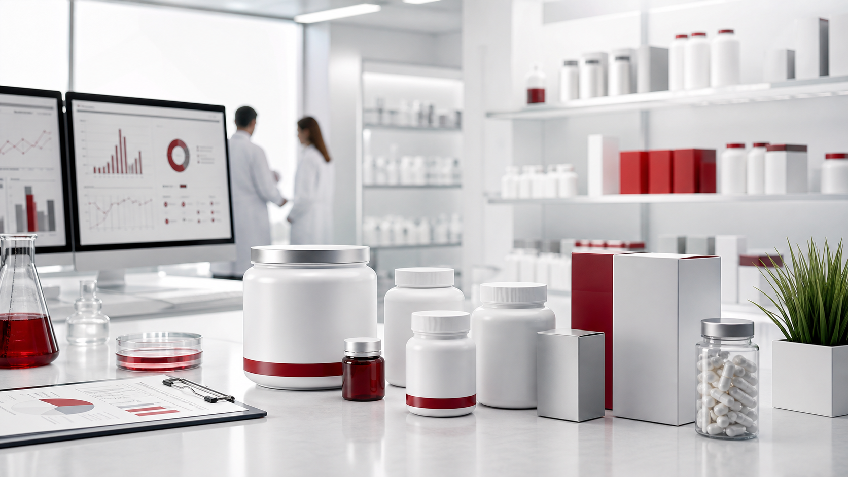 Modern pharmacy and supplement performance workspace