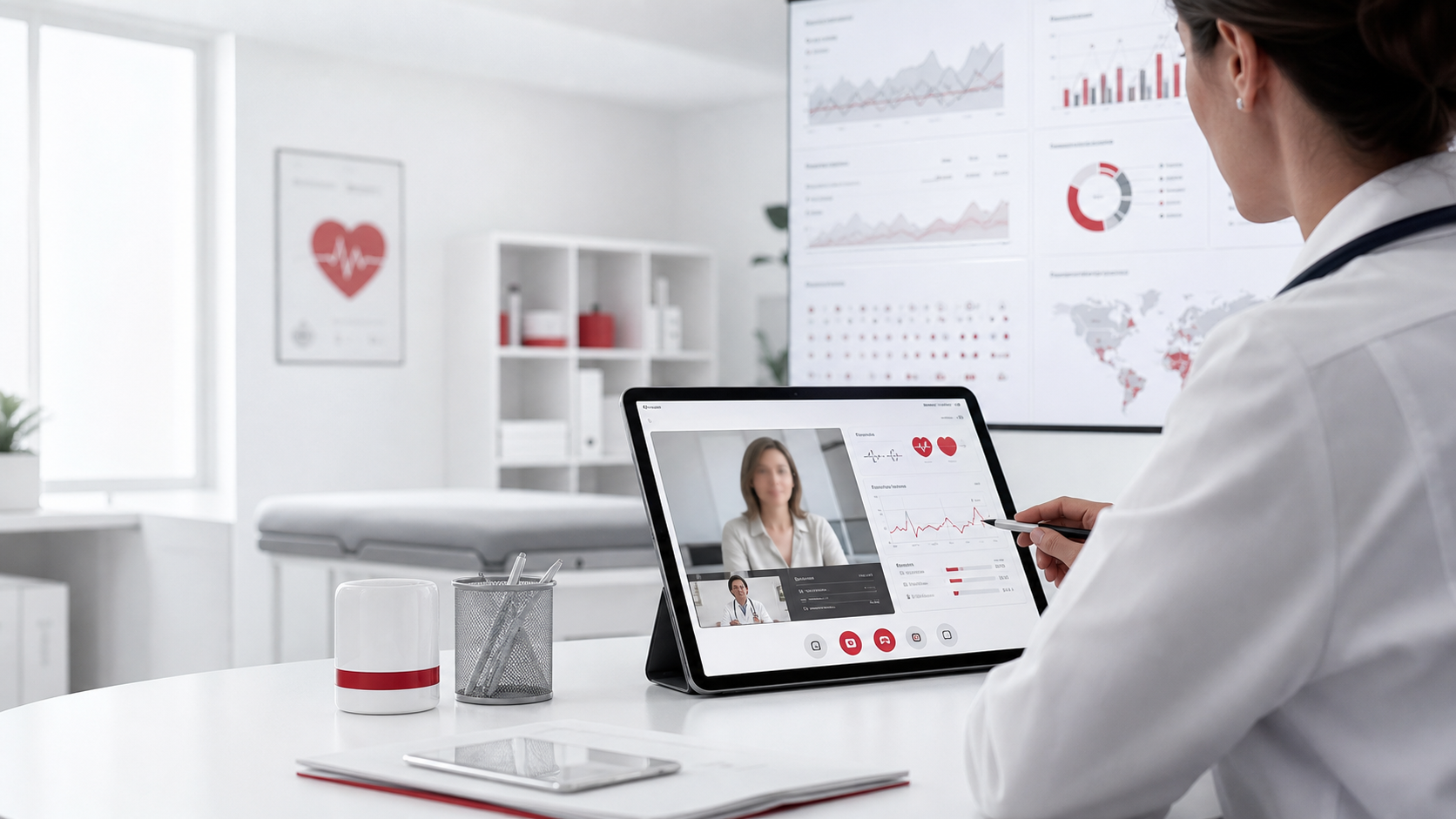 Telehealth consultation workspace with analytics dashboards